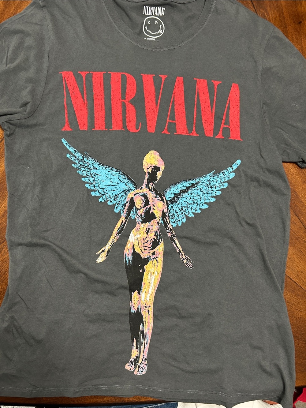 NIRVANA Grey Tee with Red Logo & Blue Wings